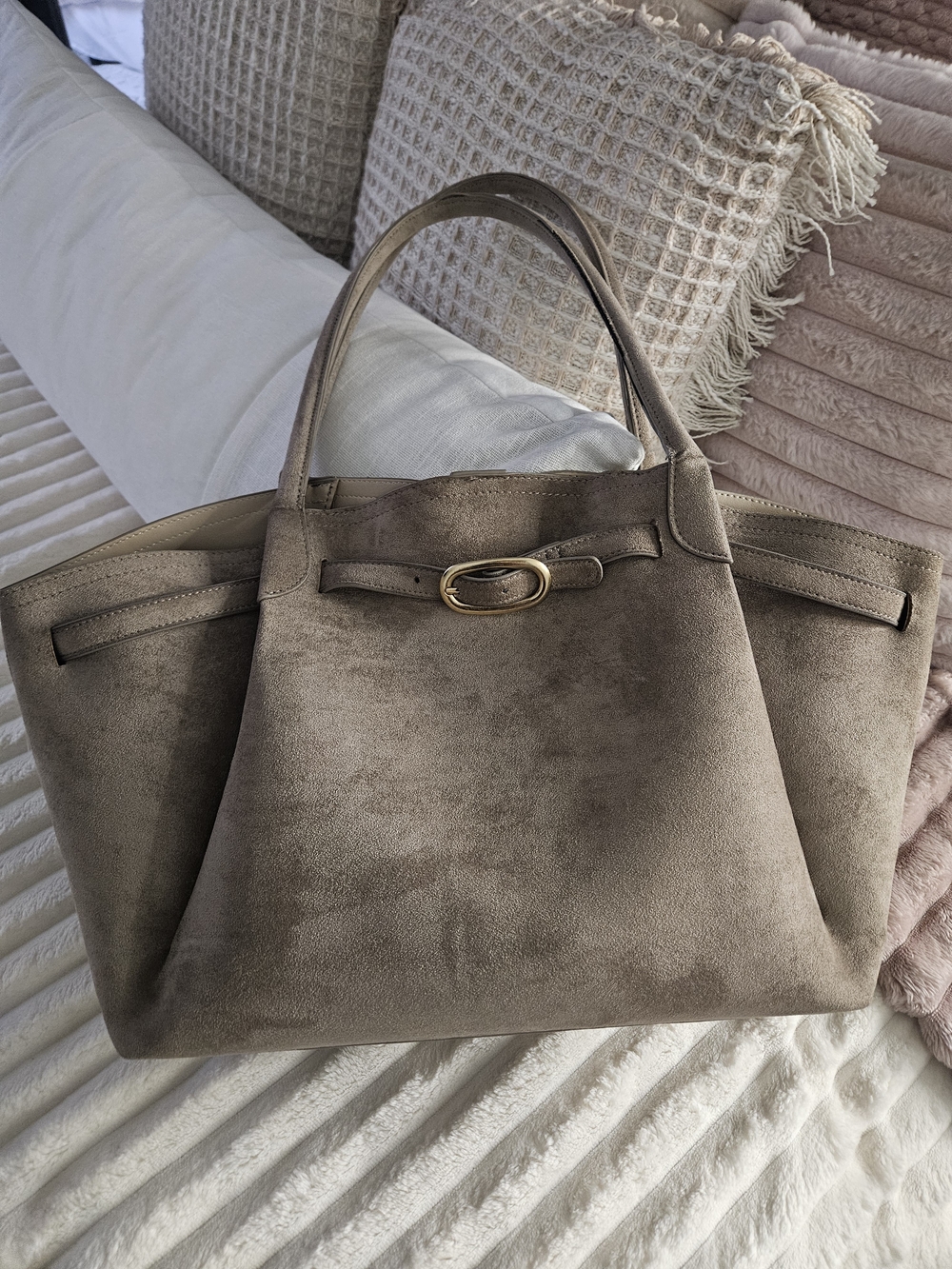 Old Navy Taupe Suede-Effect Tote with Gold Buckle